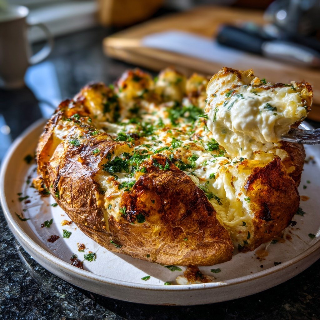 Mittagessen mit Ofenkartoffeln und Dip