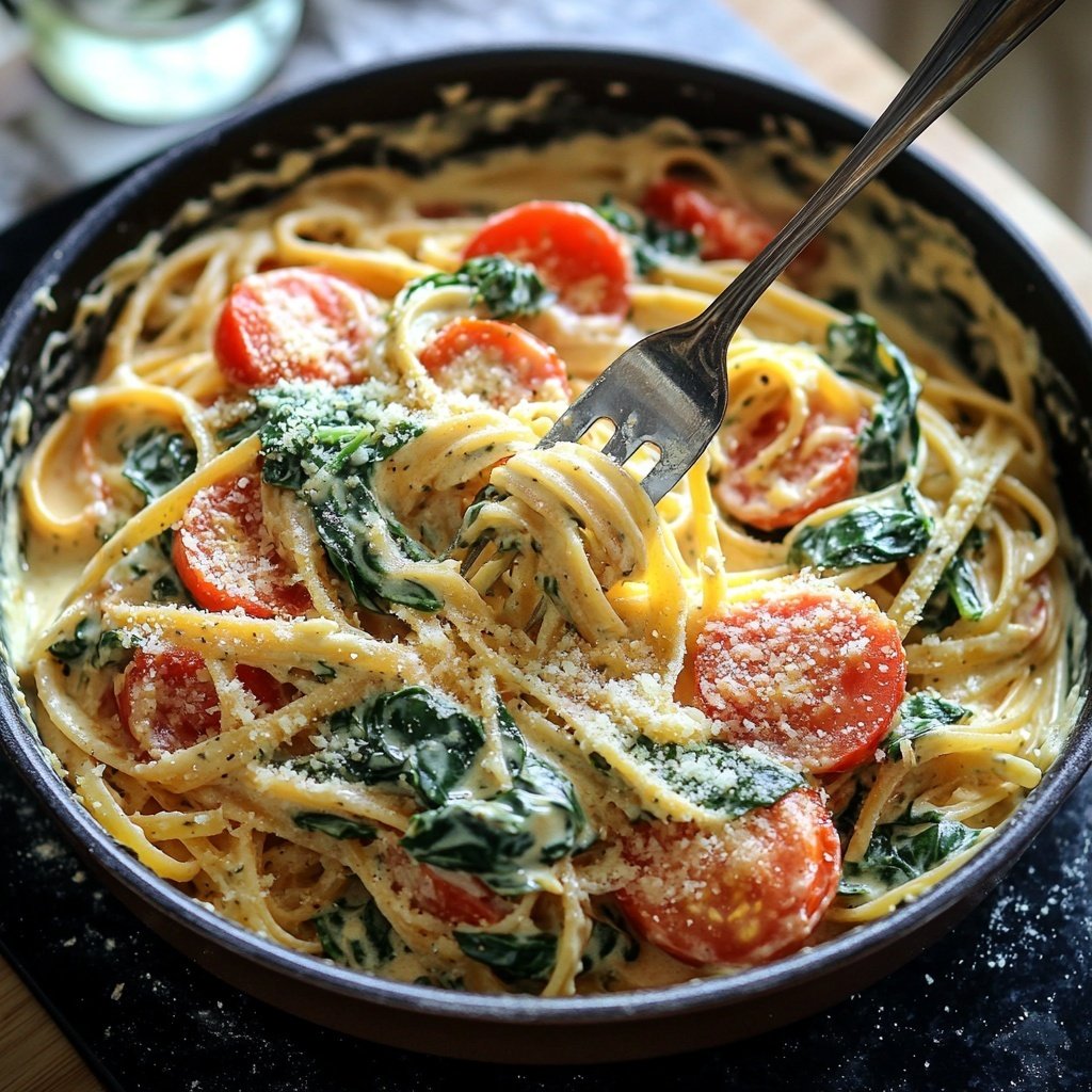 One-Pot Pasta mit Tomaten & Spinat
