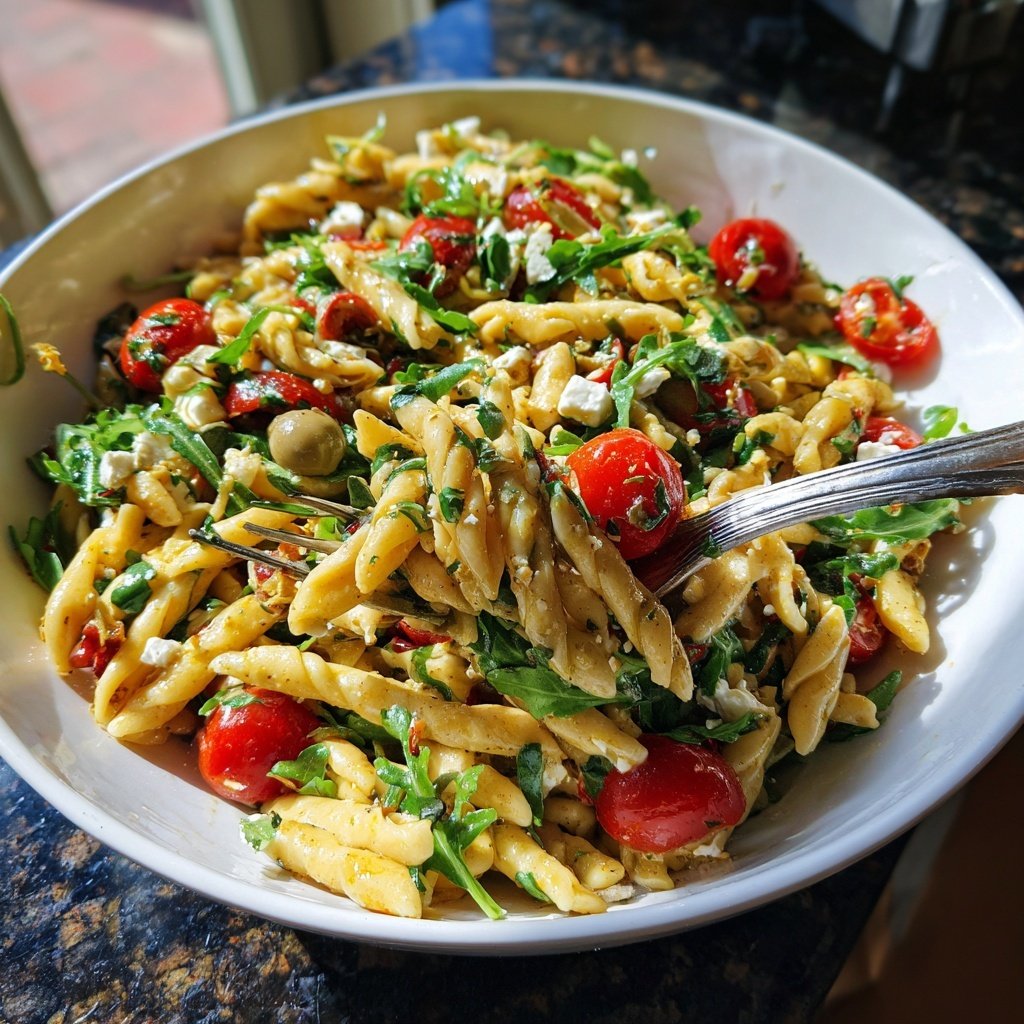 Mediterraner Nudelsalat Mit Rucola Und Feta