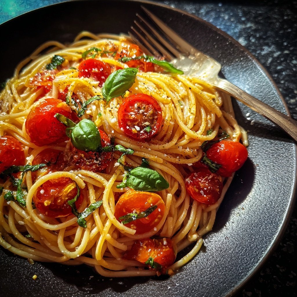 Spaghetti mit Tomaten und Basilikum