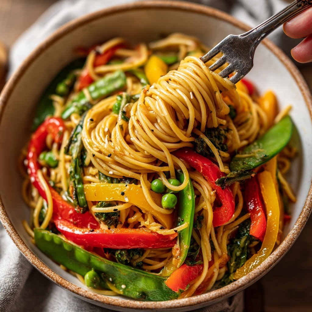 Mittagessen mit Gemüse und Nudeln